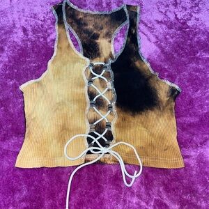 SHEIN Brown and Black Tye Dye Lace Up Crop Tank Top